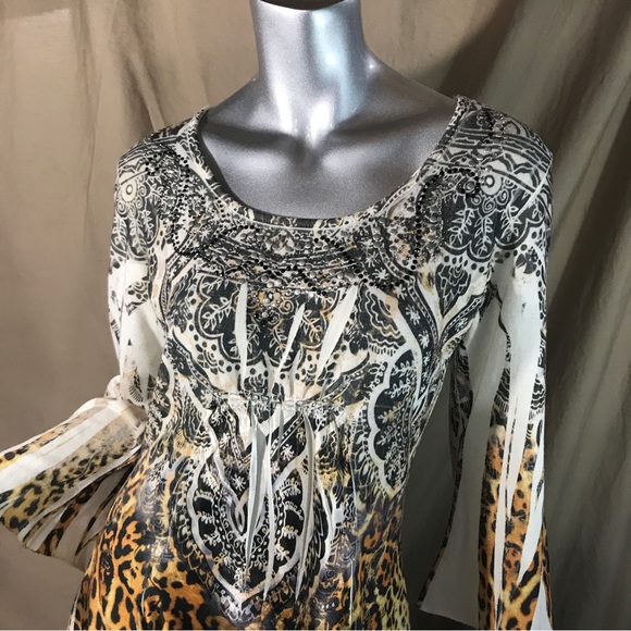 Bleu Womens Small Top Animal Print Flowy Y2K Colorful Stretch Knit Tunic Mandala - Picture 9 of 16